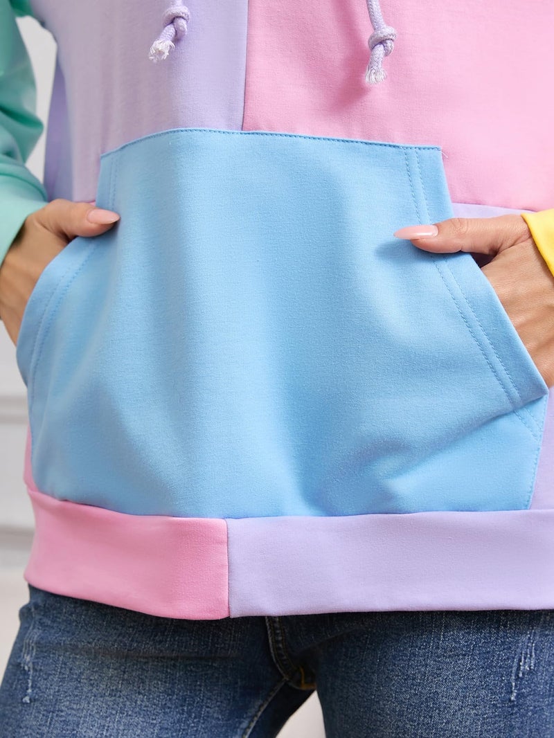 SweatyRocks Women's Cute Color Block Drawstring Hoodies Long Sleeve Pullover Hooded Sweatshirts Top Purple Pink X-Large - Image 3